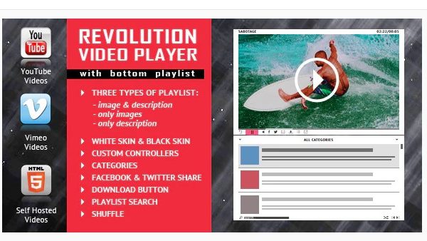 Revolution Video Player With Bottom Playlist - YouTube/Vimeo/Self-Hosted Support