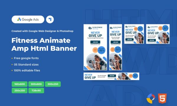 Fitness Animate Ads Template AMP HTML Banners