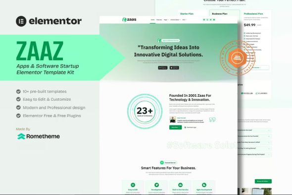 Zaas – Apps & Software Startup Elementor Template Kit