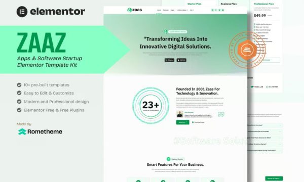 Zaas – Apps & Software Startup Elementor Template Kit