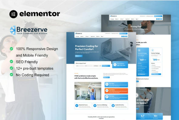 Breezerve – Air Conditioner & HVAC Repair Elementor Pro Template Kit