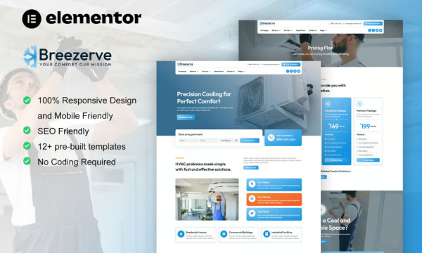 Breezerve – Air Conditioner & HVAC Repair Elementor Pro Template Kit